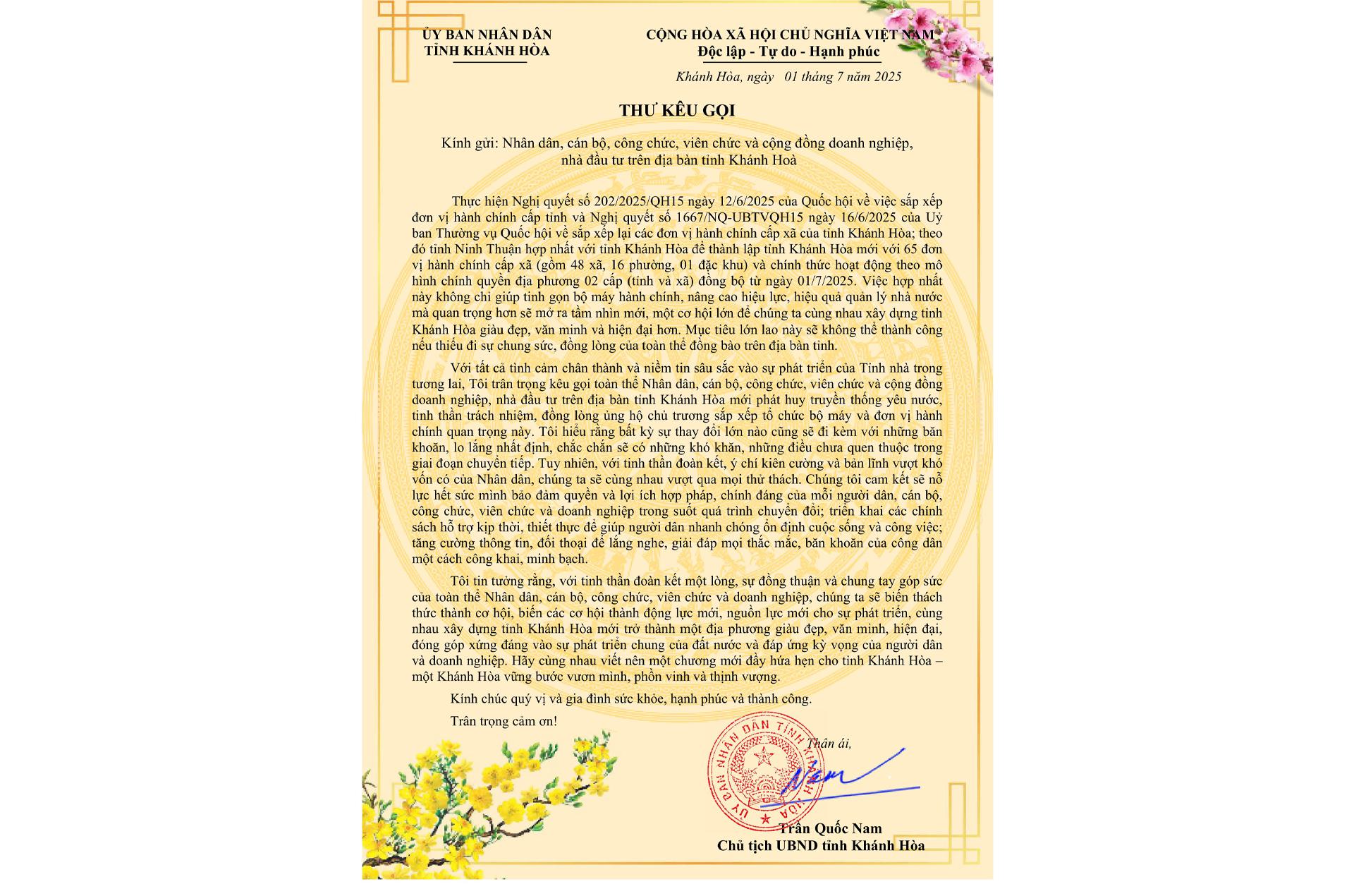 Thư kêu gọi của Chủ tịch UBND tỉnh Khánh Hòa