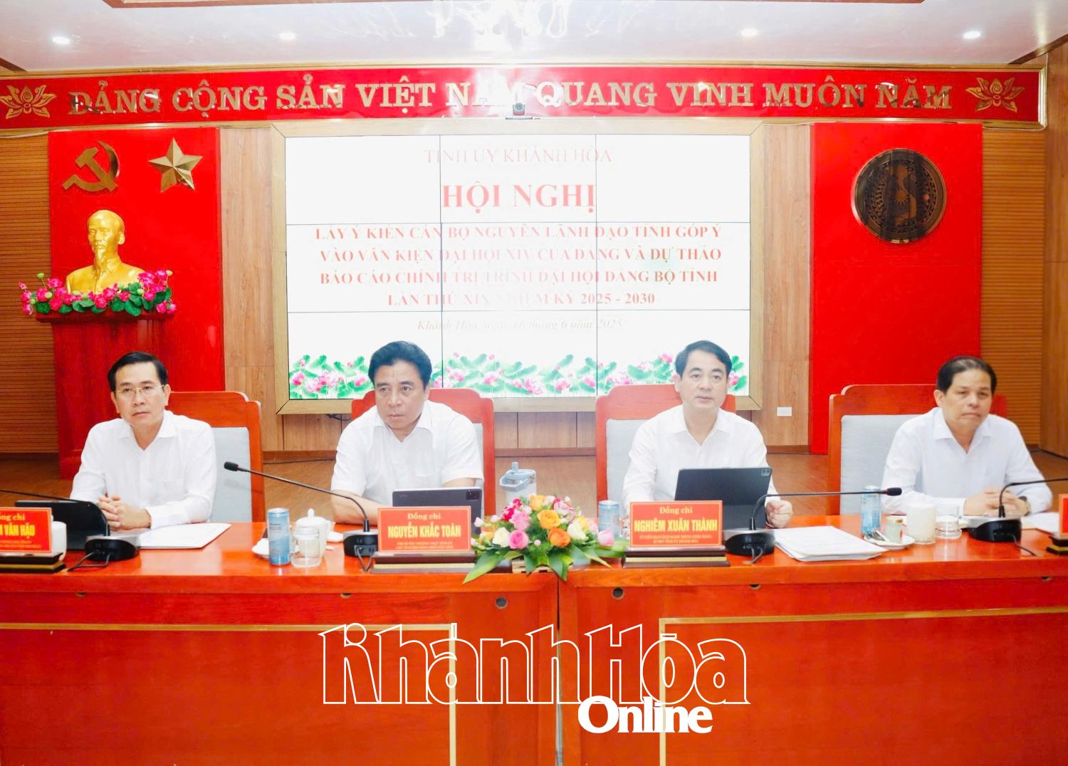 Hội nghị lấy ý kiến cán bộ nguyên lãnh đạo tỉnh Khánh Hòa góp ý vào Văn kiện Đại hội XIV của Đảng và Dự thảo Báo cáo chính trị trình Đại hội Đảng bộ tỉnh lần thứ XIX, nhiệm kỳ 2025-2030